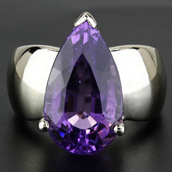 14k White Gold Pear-cut Amethyst Wide Band Ring - Picture 1 of 7